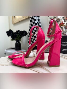 Hot Pink Patent Block Heel Sandals - Women